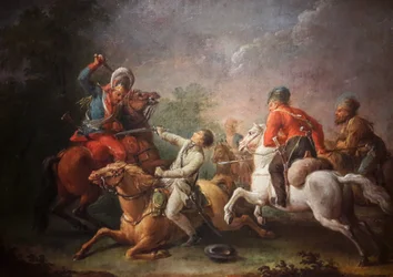 Kościuszko und sein Pferd fallen in der Schlacht von Maciejowice